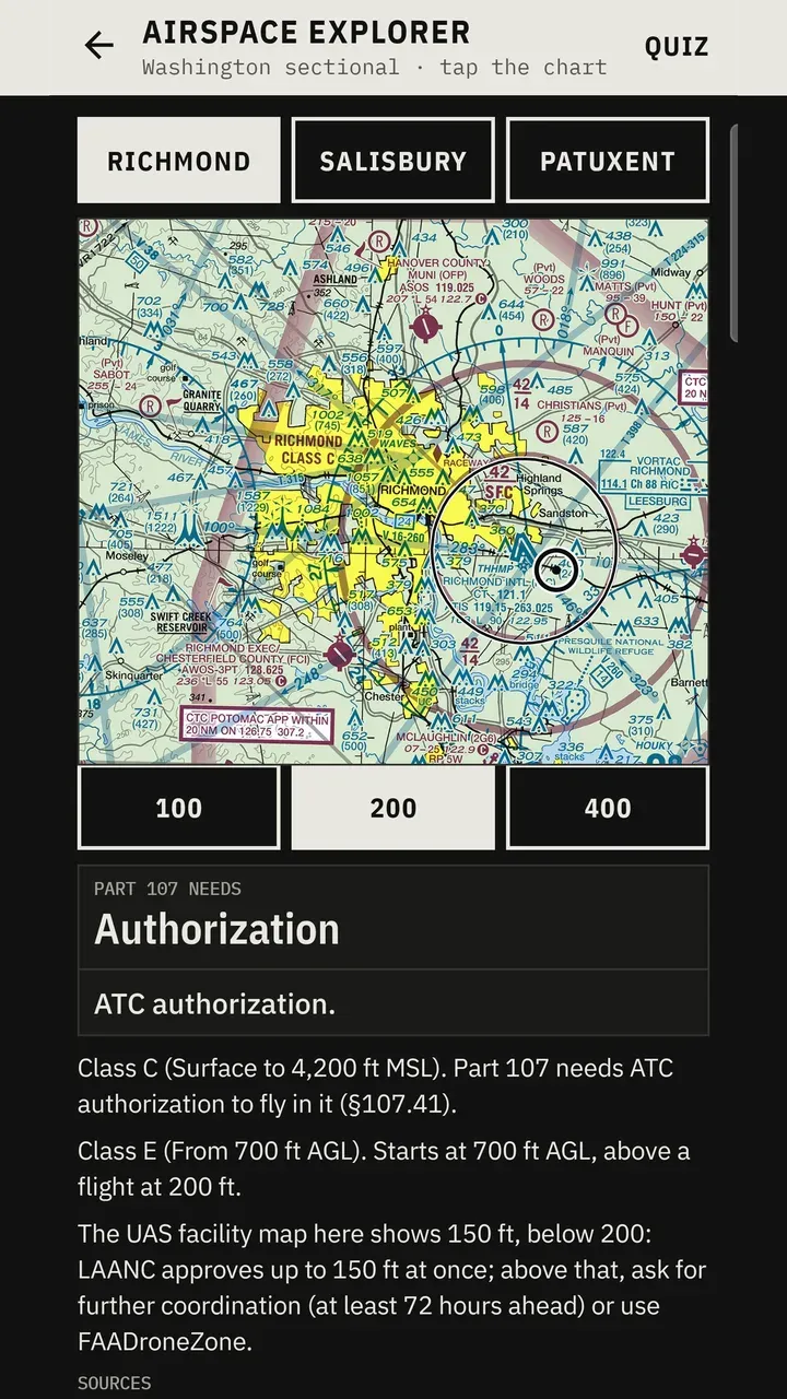 Airspace explorer on a sectional chart excerpt, explaining that the selected spot needs ATC authorization.