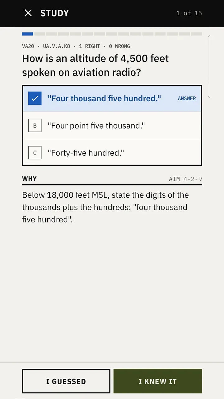 A study question on how to say an altitude on the radio, answered, with the source cited.