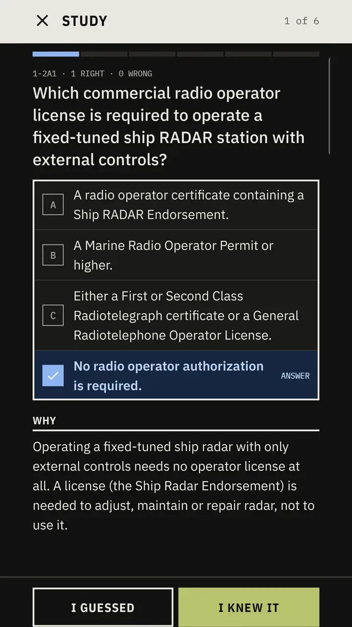 A study question on ship radar licensing, answered, with the explanation below.