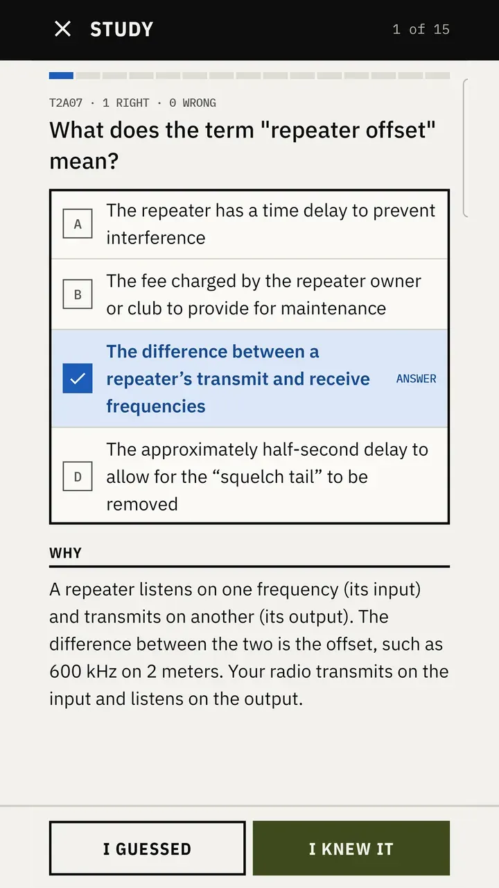 A study question about repeater offset, answered, with the explanation below and buttons for I guessed and I knew it.