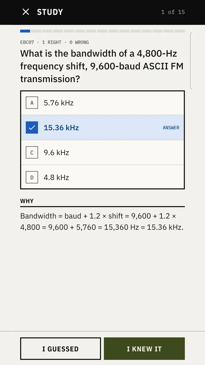 A study question on FSK bandwidth, answered, with the calculation shown below.