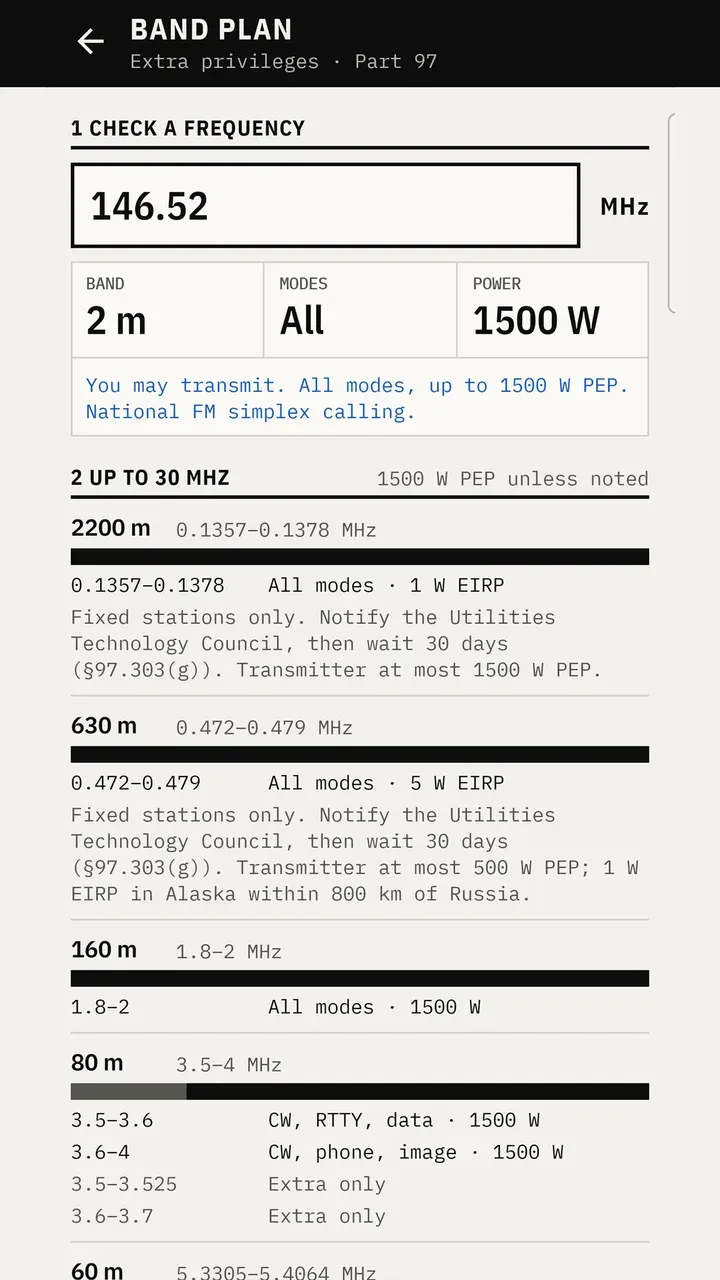 Band plan with a frequency check and Extra-class privileges listed for the low HF bands.