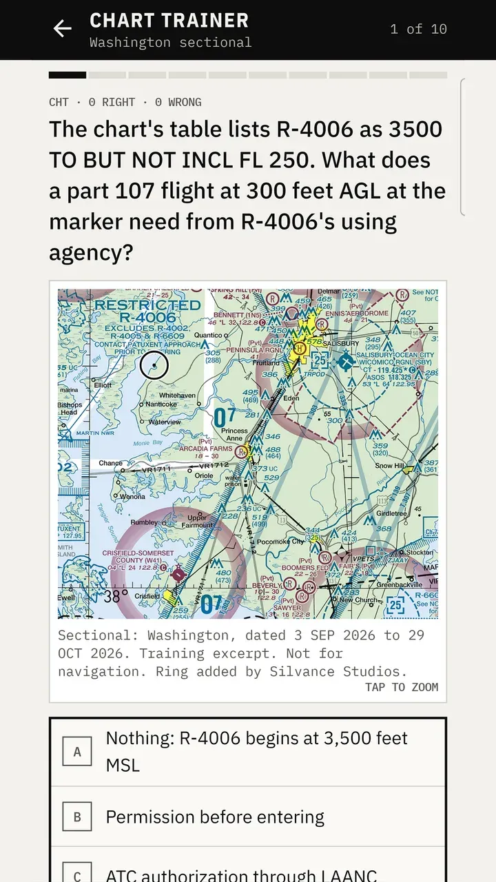 Chart trainer question about a restricted area on a sectional excerpt marked not for navigation.