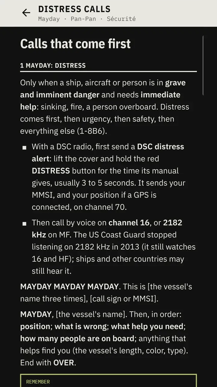Distress call guide explaining the order of a Mayday call and the use of DSC alerts.