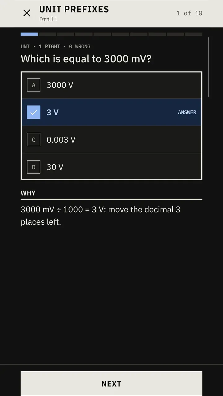 Unit prefix drill converting millivolts to volts, answered, with the working shown.