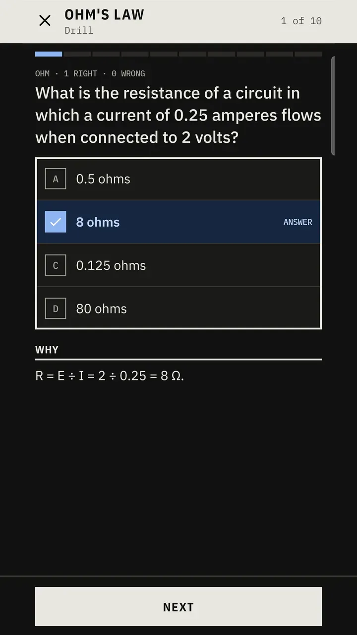 Ohm's law drill asking for a resistance, answered, with the worked solution.