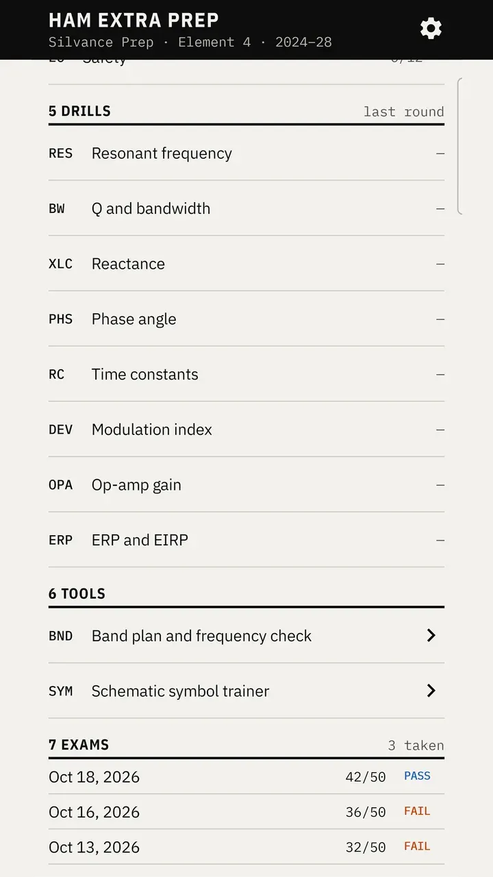 Home screen lower sections listing drills, tools, and recent practice exam results.