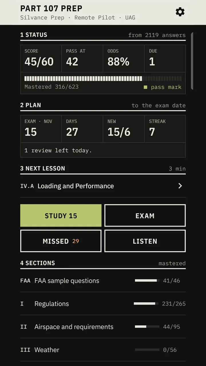 Home screen showing an estimated score out of 60, the study plan, the next lesson, and progress by area.