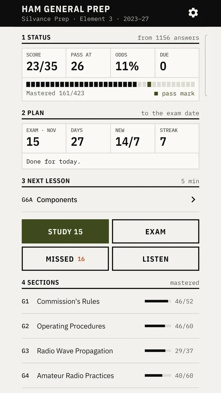 Home screen showing an estimated exam score, the study plan, the next lesson, and progress by section.