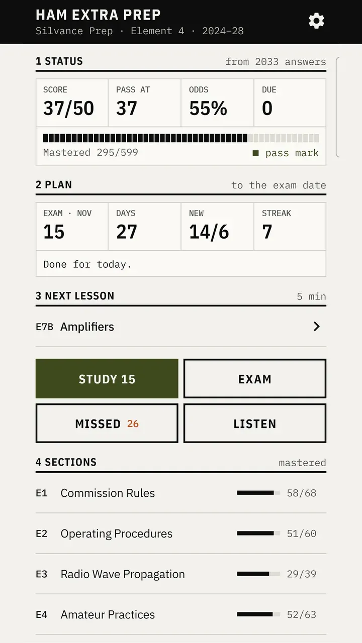 Home screen showing an estimated score out of 50, the study plan, the next lesson, and progress by section.