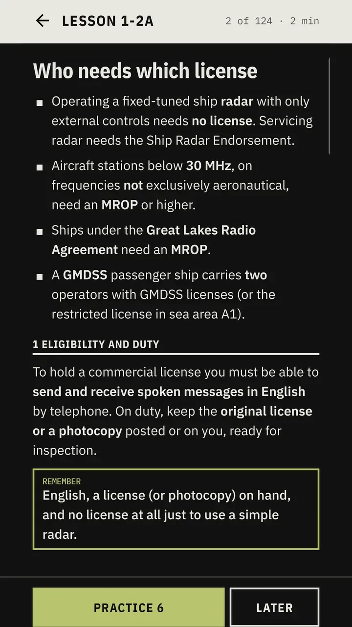 Lesson on which radio stations need which license, with a highlighted point to remember.
