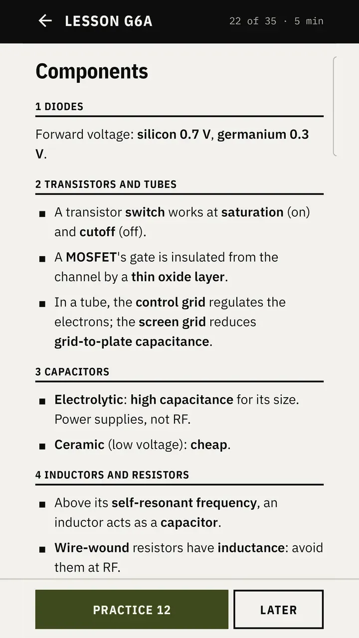 Lesson on components covering diodes, transistors and tubes, and capacitors.