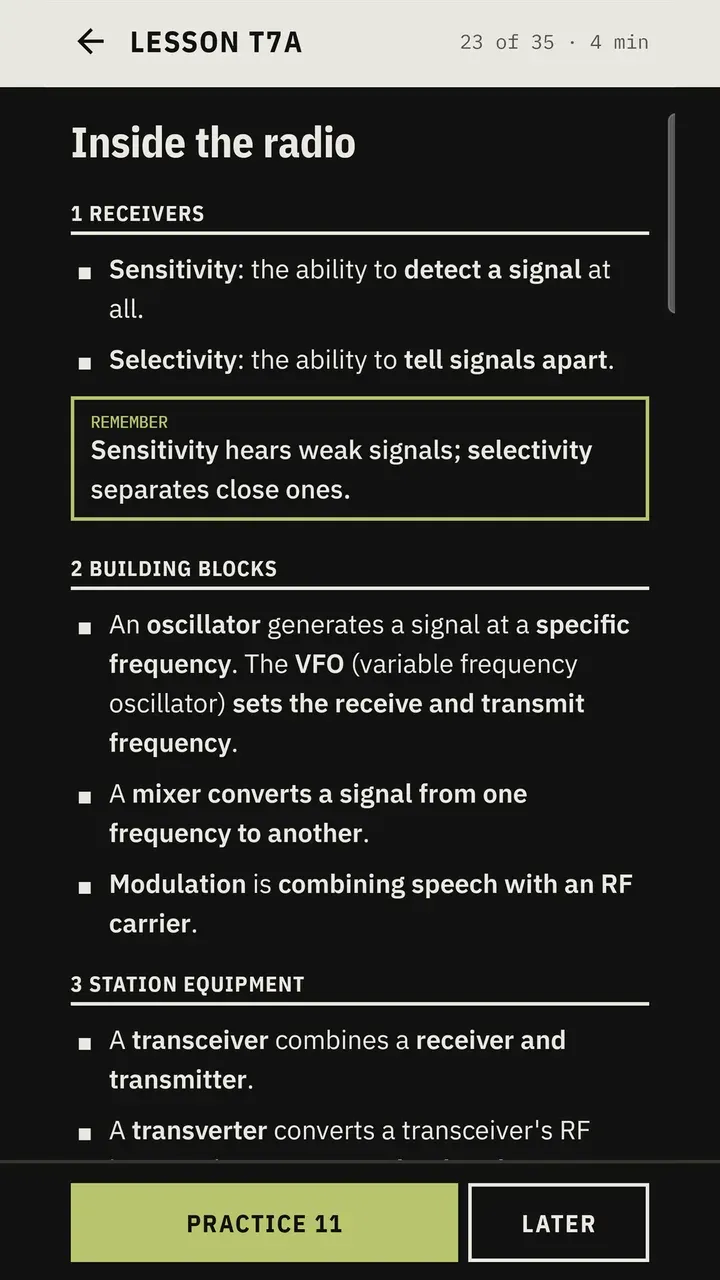 Lesson on receivers, oscillators and station equipment, with a highlighted point to remember.