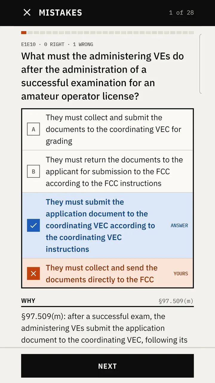 Mistakes review of a question on volunteer examiner duties, with the rule cited.