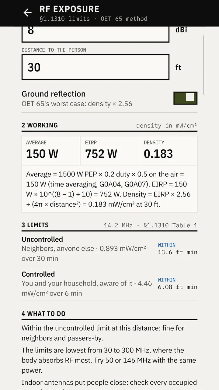 RF exposure evaluator showing power density at a set distance against the controlled and uncontrolled limits.