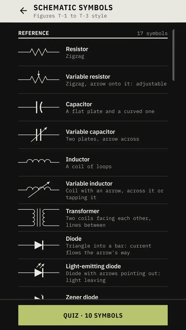 Schematic symbol reference listing resistors, capacitors, inductors, a transformer, and diodes.