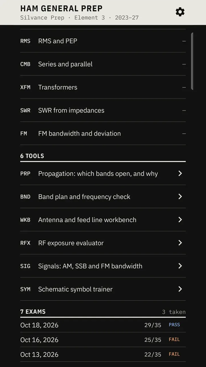 Home screen lower sections listing drills, tools, and recent practice exam results.