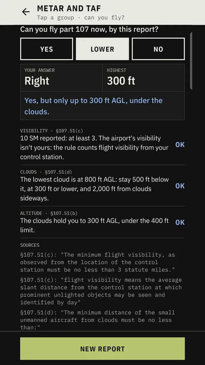 METAR and TAF workbench deciding whether a flight is allowed under the reported visibility and clouds, with regulation citations.